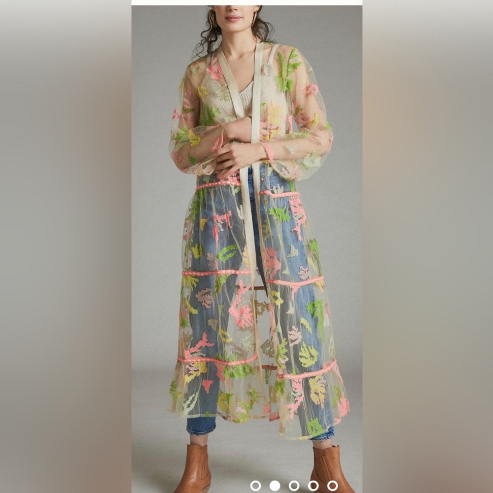 Anthropologie Sheer Floral Embroidered Long Duster — Pink, Green, Yellow